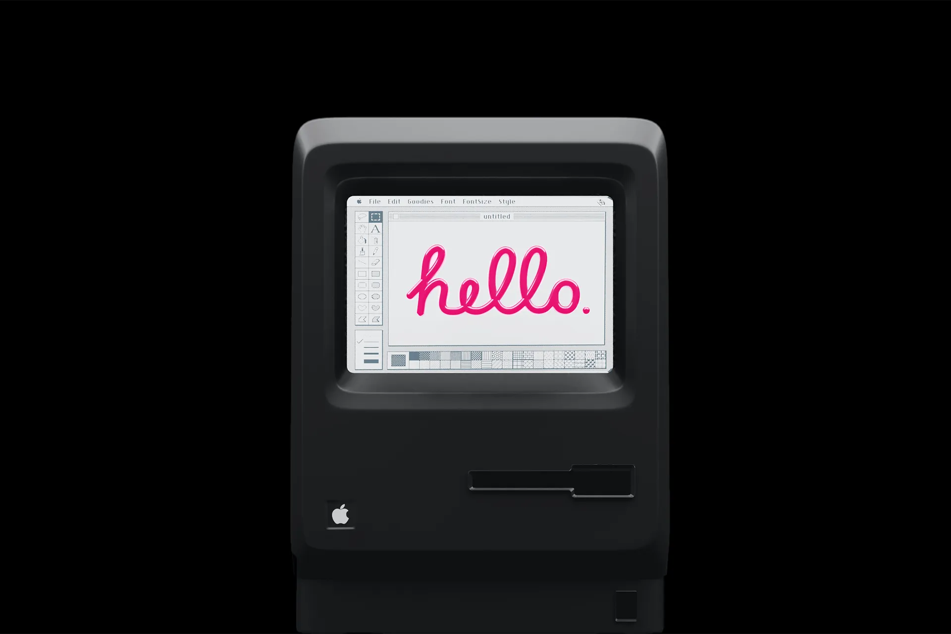 Apple Macintosh 128K mit Schriftzug „hello.”